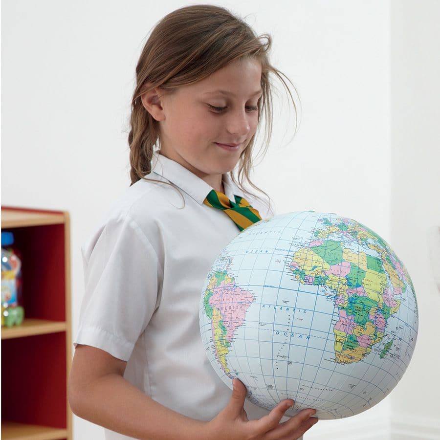 Inflatable Globe, Embrace the whole world with this quality, giant inflatable globe. The inflatable globe measures 40cm in diameter when inflated. Make a game of geography, and learn all about the earth as you play catch and develop vital motor skills.Great value globe which is a superb stimulus for the whole class or even in small groups. Great for use with the whole class for classroom or playground games. Identify continents, countries, capitals and oceans with every toss of the ball. Great fun at home o