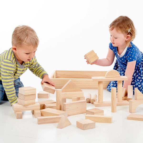 Jumbo Wooden Blocks, These natural Jumbo Wooden Blocks will delight your little one and provide hours of fun and learning opportunities as they create and build. Wooden blocks of all different shapes and sizes ensure that every play session is unique. When play time's over, all of the blocks can be stored away in the sturdy wooden tray. Helps to develop dexterity and co-ordination. Made from high quality, responsibly sourced materials. Conforms to current European safety standards. Consists of 52 play piece