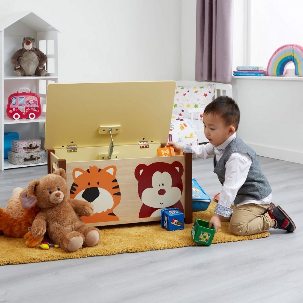 Jungle Toy Chest Natural, Keep toys, clothes or blankets tidied away but within easy reach with the delightful wooden Jungle Toy Chest Natural. The Jungle Toy Chest Natural has a simple Natural colour design which features four different wild animals, and a large capacity that will work with any room in your home, and will encourage children to tidy their toys away, keeping the room clutter-free. The Jungle Toy Chest Natural is ideal for little hands, this toy box features a 'soft close' mechanism to protec