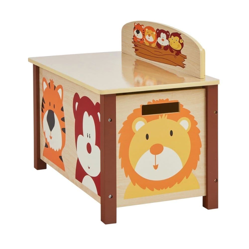 Jungle Toy Chest Natural, Keep toys, clothes or blankets tidied away but within easy reach with the delightful wooden Jungle Toy Chest Natural. The Jungle Toy Chest Natural has a simple Natural colour design which features four different wild animals, and a large capacity that will work with any room in your home, and will encourage children to tidy their toys away, keeping the room clutter-free. The Jungle Toy Chest Natural is ideal for little hands, this toy box features a 'soft close' mechanism to protec