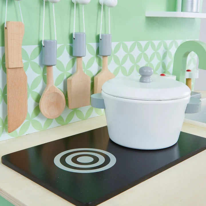 Kids Retro Play Kitchen, Our retro inspired wooden kids play kitchen is the perfect role play toy for boys and girls who love cooking. This is a standout set for your little ones to pretend play as they hone their cooking skills and make tasty dishes for friends and family. Features a classic pastel green and white wood finish with natural accents to fit the décor of any playroom or bedroom. Children will develop vocabulary, imagination and social skills as well as improving hand eye co-ordination, fine mot