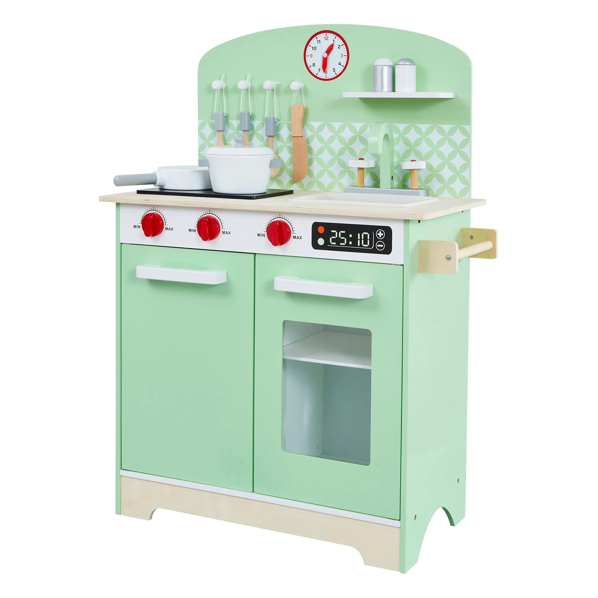 Kids Retro Play Kitchen, Our retro inspired wooden kids play kitchen is the perfect role play toy for boys and girls who love cooking. This is a standout set for your little ones to pretend play as they hone their cooking skills and make tasty dishes for friends and family. Features a classic pastel green and white wood finish with natural accents to fit the décor of any playroom or bedroom. Children will develop vocabulary, imagination and social skills as well as improving hand eye co-ordination, fine mot