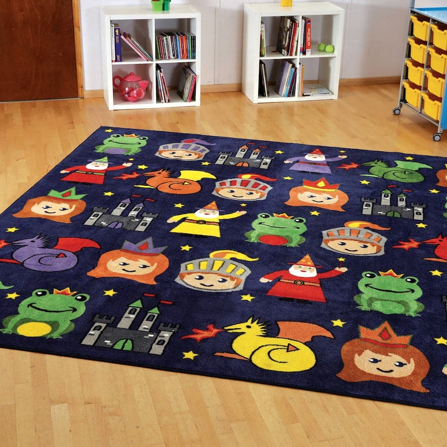 Kinder Story Time Carpet 3 x 3 metre, Our Kinder™ Story Time Carpet is a 3 metre square placement carpet with clearly identifiable seating areas for up to 30 children. The brightly coloured characters include a wizard, castle and dragon.Our Heavy-Duty Dura-Pile™ Story Time Carpet is ideal for Early years and primary school learning environmentsThe Kinder™ Story Time Carpet is a substantial premium quality carpet, with an extra thick pile, soft textured tufted Nylon twist pile designed specifically for comfo