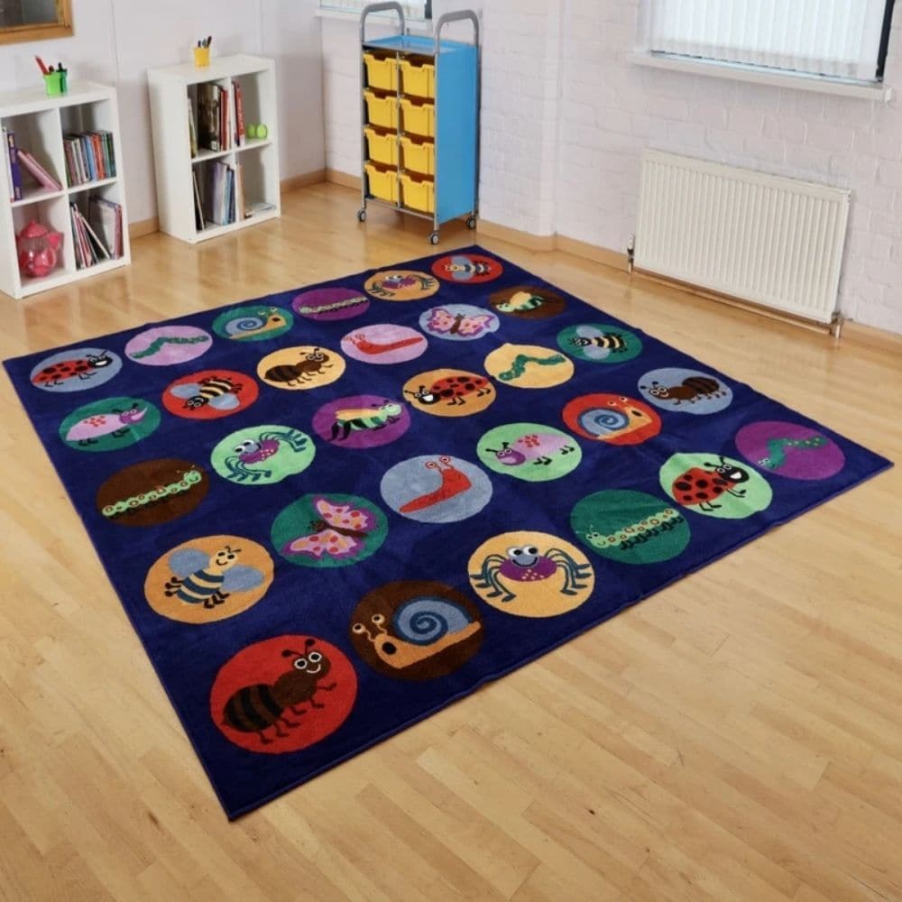 Kinder™Mini Beasts Carpet 3 x 3 Metre, The Kinder™Mini Beasts Carpet is a 3-metre square placement carpet with clearly identifiable seating areas for up to 30 children. The brightly coloured mini beasts carpet include a caterpillar, snail and ladybird.The Kinder™Mini Beasts Carpet is a substantial premium quality carpet, with an extra thick pile, soft textured tufted Nylon twist pile designed specifically for comfort and longevity. Ideal for Early years and primary school learning environments. Mini Beasts 