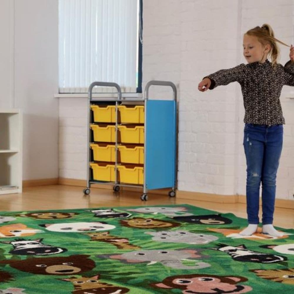 Kinder™Wild Animals Carpet 3 x 3 metre, The Kinder™Wild Animals Carpet is a 3-metre square placement carpet with clearly identifiable seating areas for up to 30 children.The brightly coloured Kinder™Wild Animals Carpet features wild animal characters include a panda, lion and a hippo. Our Heavy-Duty DuraPile™ The Kinder™Wild Animals Carpet is a substantial premium quality carpet, with an extra thick pile, soft textured tufted Nylon twist pile designed specifically for comfort and longevity. Ideal for Early 