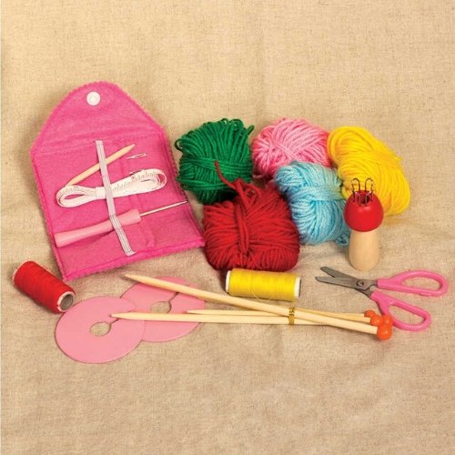 Knitting Kit, Metal tin packed with essential knitting equipment and supplies. This set serves as a perfect starter kit for anyone interested in knitting, making it an ideal addition to any gift or crafts range. The box includes five bales of wool, two rolls of cotton thread, a wooden French knitter, a pompom maker, two sets of knitting needles, tape measure, scissors, crochet hook and three embroidery needles. Knitting set in a carrying tin Five bales of wool Two rolls of cotton thread French knitter and t