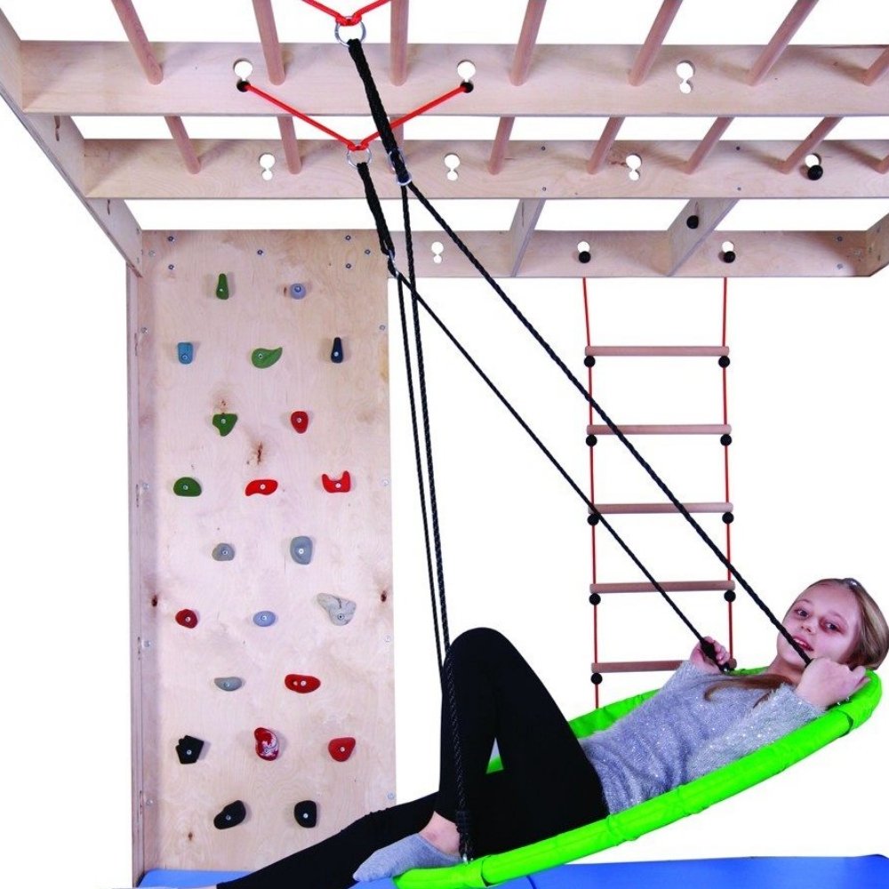 Large Mesh Vestibular Swing, The Large Mesh Vestibular Swing has a very large surface measuring 1 m in diameter, allows two people to climb on it! The Large Mesh Vestibular Swing has a surface made from solid mesh for more comfort: you can sit on it, stand up, etc. The Large Mesh Vestibular Swing has Padded edges with 2 attachment points. The Large Mesh Vestibular Swing is made from weatherproof material, the height-adjustable mounting system with retaining rings and locking lugs, this net swing is the perf