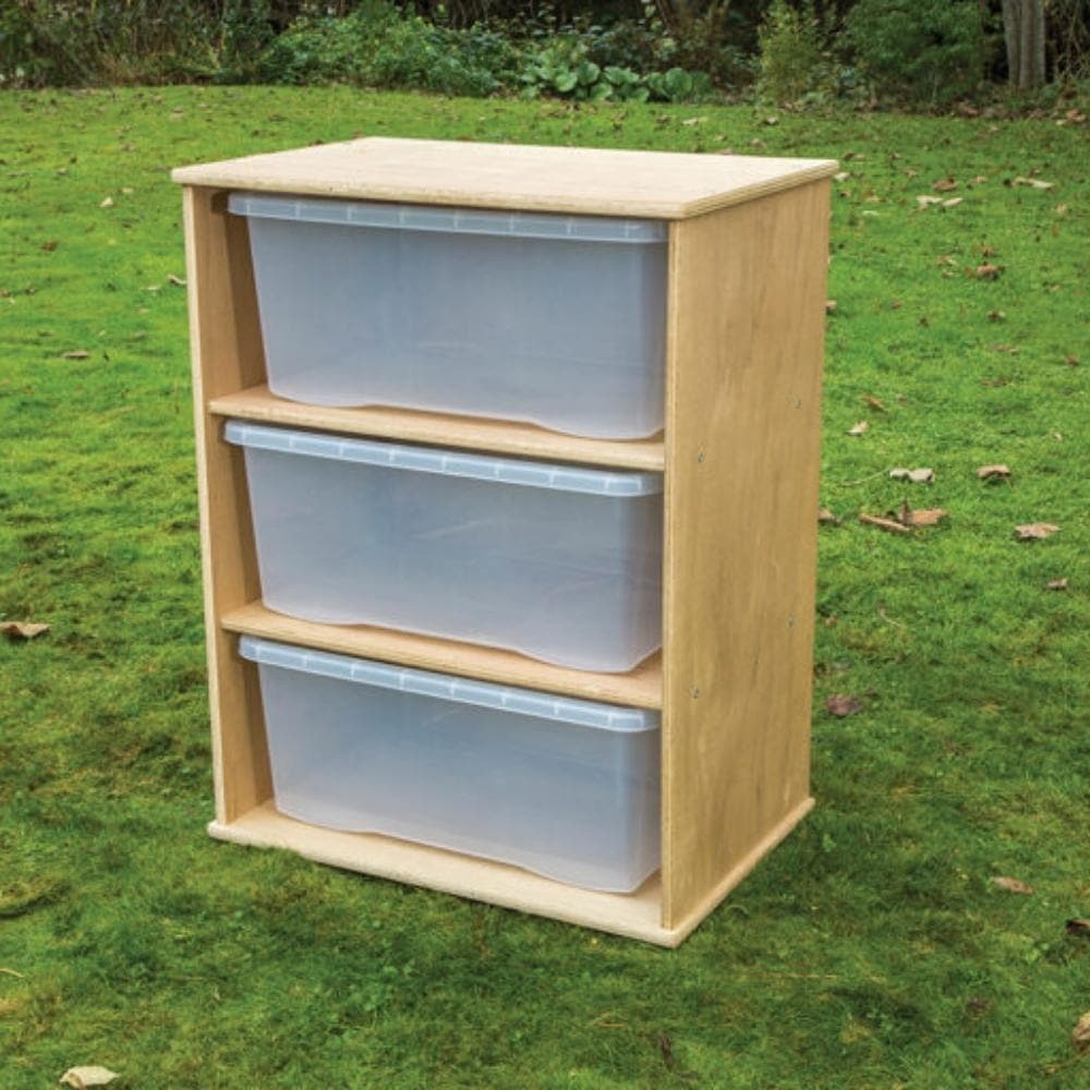Leave Me Outdoors School Storage Cupboard with 3 trays, The large Leave Me Outdoors School Storage Cupboard is supplied with 3 trays that allows you to store items away when not in use. The new 'Leave Me Outdoors' range is the best way to take the classroom outside. Every product in the range can be used and left outside no matter the weather. Made from 'Outdoor Duraply' the units are all weather proof and fungal resistant while still being highly durable. Finished with stainless steel fixings and castor's 