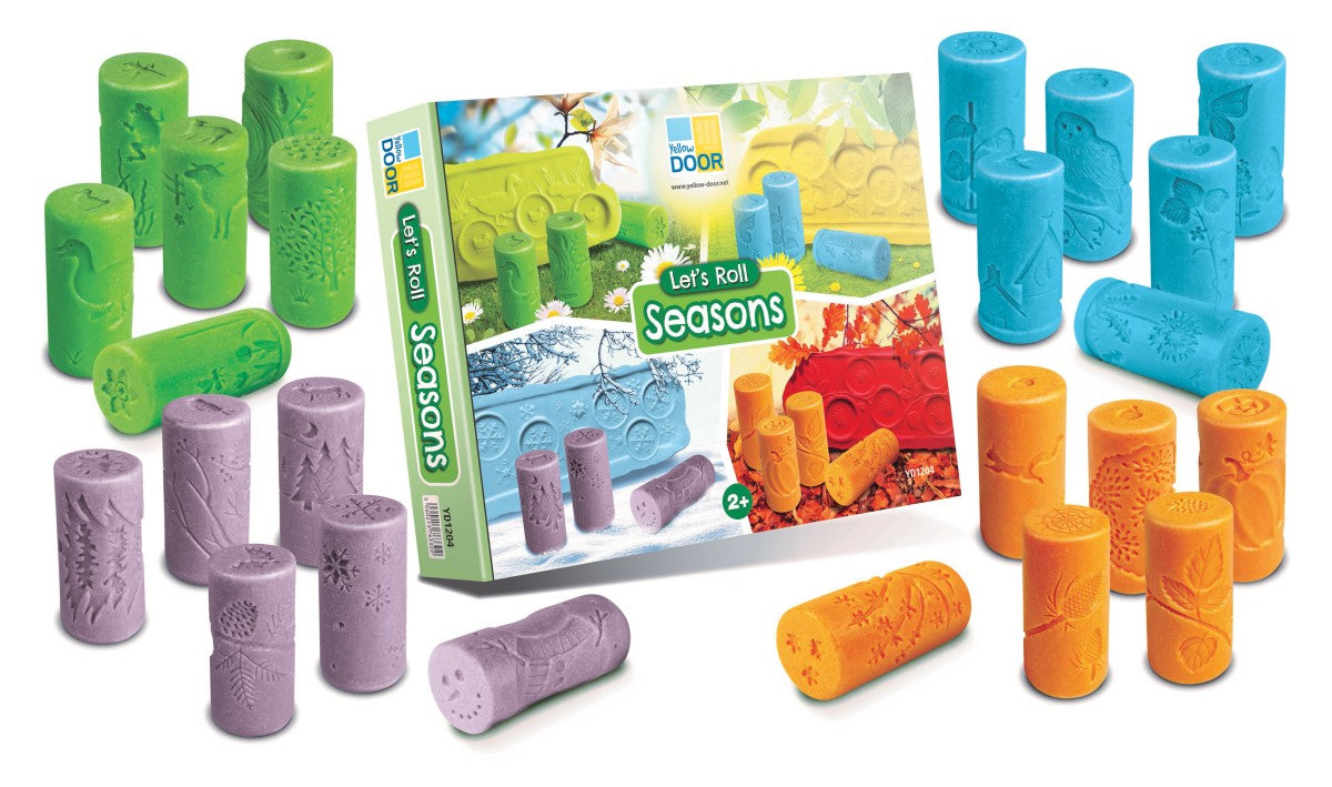 Let’s Roll Seasons, These beautifully detailed Seasons rollers will engage children in seasonal curiosity, developing knowledge and understanding of the natural world, as well as their fine motor skills. Simply roll into play dough, clay or sand, and stamp to complete the scene. Extra details will be revealed as children press more firmly. Six themed rollers are included for each season. This bumper set contains 24 rollers to take you through the year! Seasonal details to discover as you roll and stamp: Spr