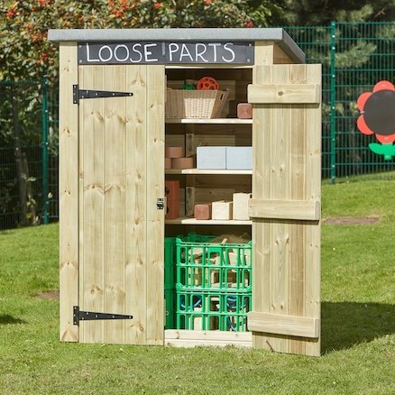Loose Parts Activity Shed, The Loose Parts Activity Shed provides the perfect storage facility to store away all your Loose Part Play Activities after use. The Loose Parts Activity Shed features 3 shelves to help keep the store organised and a chalkboard to help label what's inside. Robust unit with felted roof to help prevent against water damage. Made from pre-treated Scandinavian Redwood which is guaranteed against rot and insect infestation for 10 years. Shelf depth 40cm, shelf length 112cm, distance be