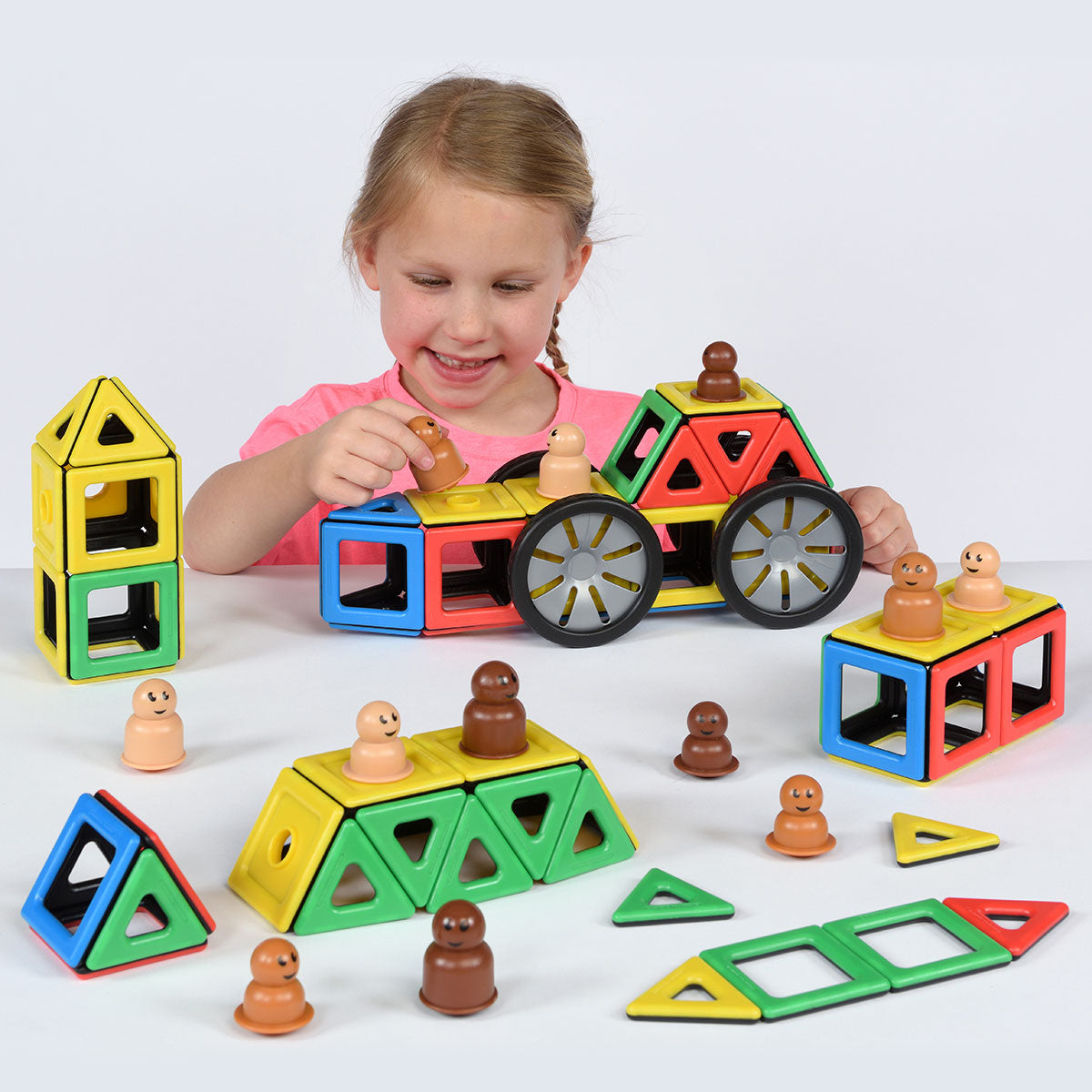 Magnetic Polydron Drivers Set, The Magnetic Polydron Drivers Set offers children a fun and educational way to explore the world of vehicles and learn about basic engineering principles. With 92 magnetic pieces, including wheels, squares, triangles, hub squares, and figures, kids can build their own cars, trucks, and more. This Magnetic Polydron Drivers Set encourages children to use their imagination and creativity while developing fine motor skills. They will learn how to grab, pull, and push the pieces, e