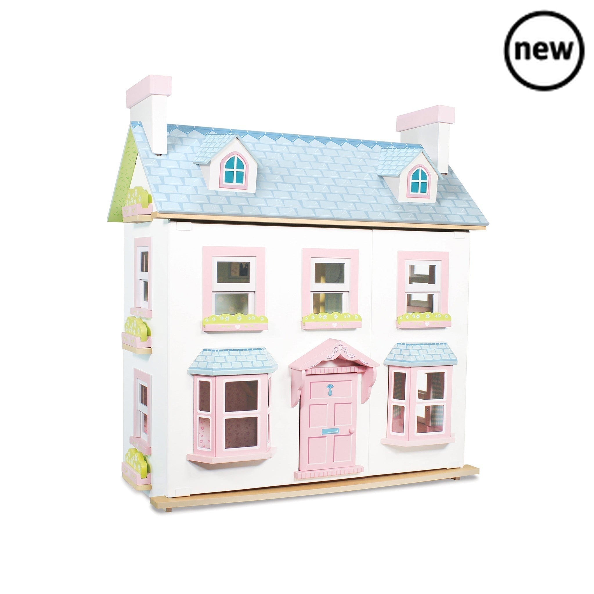Mayberry Manor Doll House, Description Welcome to Mayberry Manor. This truly stunning, deluxe home is ready for any aspiring Duke or Duchess to move right in to and makes a perfect addition to your child’s imaginative play collection. Exquisitely crafted and decorated, this beauty comprises many wonderful details. Painted in pastel pink and blue hues and set across three storeys, this toy is ready for endless creative adventures. Sitting pretty in the nursery or playroom, this magnificent home features trad