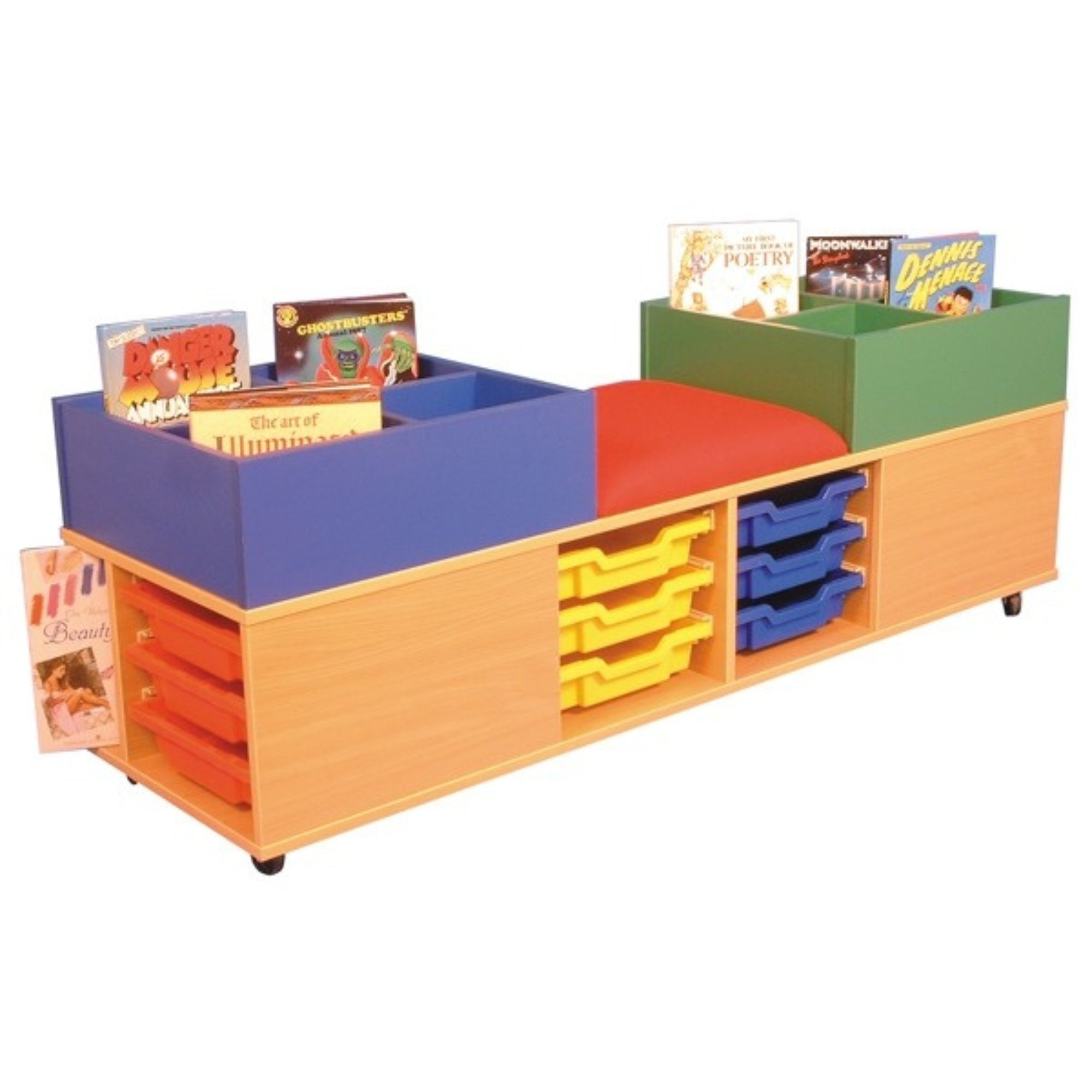 Mobile Seat And Tray Storage Unit With Twin Kinderboxes, Introducing the Mobile Seat and Tray Storage Unit with Twin Kinderboxes, the perfect addition to any nursery, early years or primary environment. This versatile unit offers a multifunctional solution to your storage, seating and display needs. Designed with waiting areas, group play and learning areas in mind, it features a soft, cushioned central seat and two four-compartment kinderboxes for easy organisation. Crafted in the UK from 18mm MFC, this st