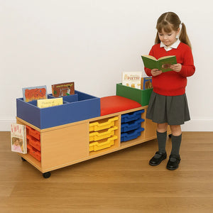 Mobile Seat And Tray Storage Unit With Twin Kinderboxes-Mobile Seat And Tray Storage Unit With Twin Kinderboxes