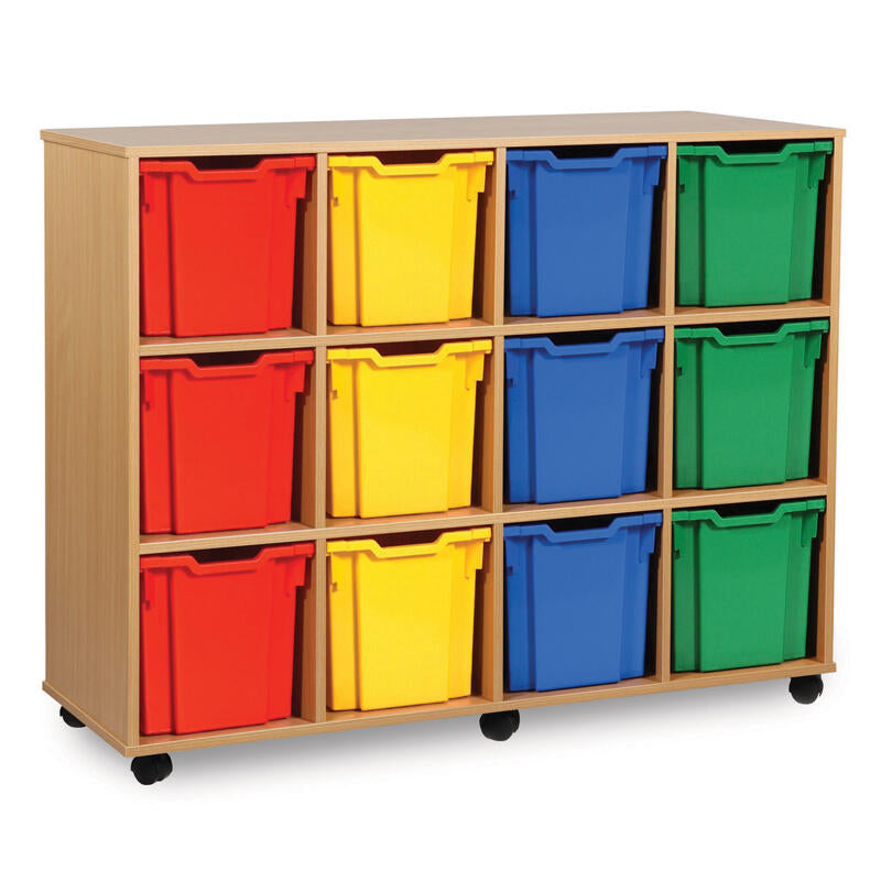 Monarch 12 Quad Tray Classroom Storage Unit, The Monarch 12 Quad Tray Classroom Storage Unit has been specifically designed for Schools and Universities. This range is available in a huge choice of sizes; additionally you can choose to have them with or without trays. You can also Mix & Match the Monarch tray colours. Storage unit with 12 quad trays 18mm MFC Beech or Maple Effect Mounted on 6 castors, the rear are braked to secure when in use Supplied complete with 12 Quad Coloured Monarch Trays Just specif