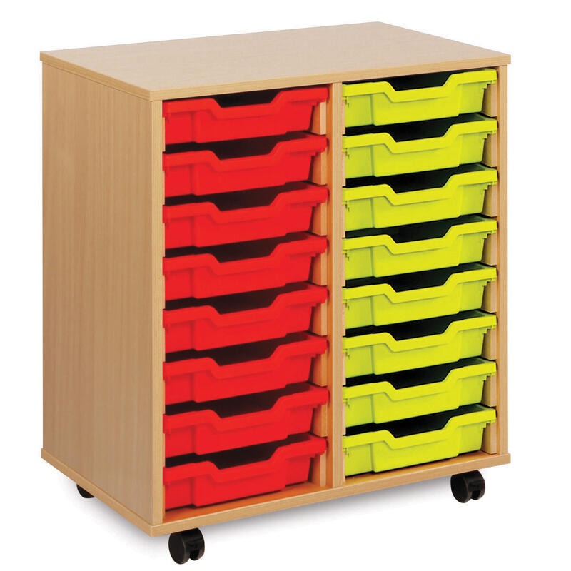 Monarch 16 Single Tray Classroom Storage Unit, The Monarch 16 Single Tray Classroom Storage Unit has been specifically designed for Schools and Universities. This range is available in a huge choice of sizes; additionally you can choose to have them with or without trays. Storage unit with 16 single trays 18mm MFC Beech or Maple Effect Mounted on 4 castors, 2 of which are braked to secure when in use Supplied complete with 16 Shallow Coloured Monarch Trays Just specify on your order if you'd like to mix & m