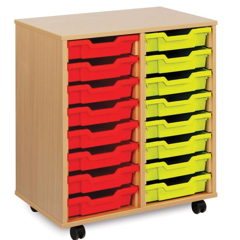Monarch 16 Single Tray Classroom Storage Unit, The Monarch 16 Single Tray Classroom Storage Unit has been specifically designed for Schools and Universities. This range is available in a huge choice of sizes; additionally you can choose to have them with or without trays. Storage unit with 16 single trays 18mm MFC Beech or Maple Effect Mounted on 4 castors, 2 of which are braked to secure when in use Supplied complete with 16 Shallow Coloured Monarch Trays Just specify on your order if you'd like to mix & m