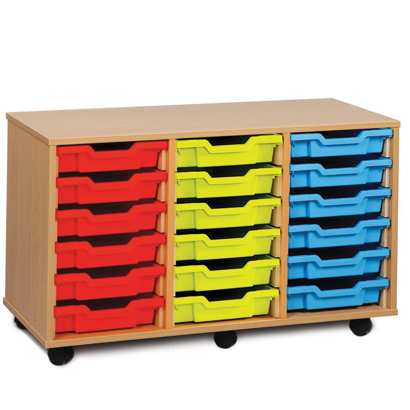 Monarch 18 Single Tray Classroom Storage Unit, The Monarch 18 Single Tray Classroom Storage Unit has been specifically designed for Schools and Universities. This range is available in a huge choice of sizes; additionally you can choose to have them with or without trays. Storage unit with 18 single trays 18mm MFC Beech or Maple Effect Mounted on6 castors, the rear are braked to secure when in use Supplied complete with 18 Shallow Coloured Monarch Trays Just specify on your order if you'd like to mix & matc