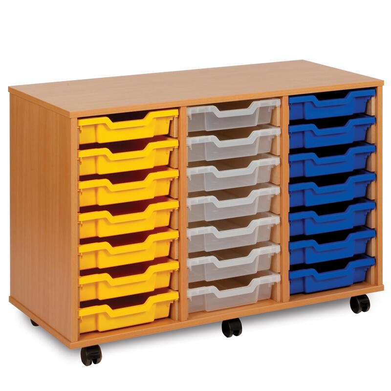 Monarch 21 Single Tray Classroom Storage Unit, The Monarch 21 Single Tray Classroom Storage Unit has been specifically designed for Schools and Universities. This range is available in a huge choice of sizes; additionally you can choose to have them with or without trays. Storage unit with 21 single trays 18mm MFC Beech or Maple Effect Mounted on 6 castors, the rear are braked to secure when in use Supplied complete with 21 Single Coloured Monarch Trays Just specify on your order if you'd like to mix & matc