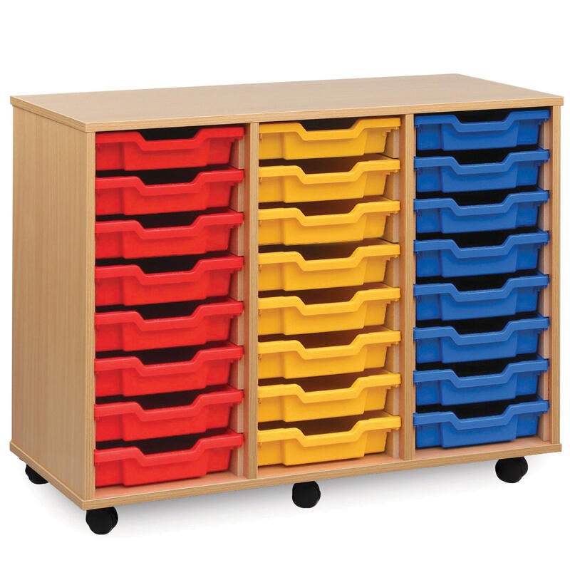 Monarch 24 Single Tray Classroom Storage Unit, The Monarch 24 Single Tray Classroom Storage Unit has been specifically designed for Schools and Universities. This range is available in a huge choice of sizes; additionally you can choose to have them with or without trays. Storage unit with 24 single trays 18mm MFC Beech or Maple Effect Mounted on 6 castors, the rear are braked to secure when in use Supplied complete with 24 Single Coloured Monarch Trays Just specify on your order if you'd like to mix & matc