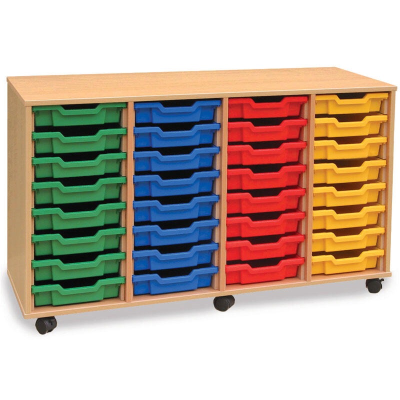 Monarch 32 Single Tray Classroom Storage Unit, The Monarch 32 Single Tray Classroom Storage Unit has been specifically designed for Schools and Universities. This range is available in a huge choice of sizes; additionally you can choose to have them with or without trays. Storage unit with 32 single trays 18mm MFC Beech or Maple Effect Mounted on 6 castors, 2 of which are braked to secure when in use Supplied complete with 32 Single Coloured Monarch Trays Just specify on your order if you'd like to mix & ma