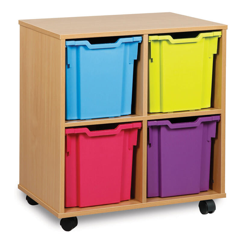 Monarch 4 Quad Tray Classroom Storage Unit, The Monarch 4 Quad Tray Classroom Storage Unit has been specifically designed for Schools and Universities. This range is available in a huge choice of sizes; additionally you can choose to have them with or without trays. Storage unit with 4 quad trays 18mm MFC Beech or Maple Effect Mounted on 4 castors, the rear are braked to secure when in use Supplied complete with 4 Quad Coloured Monarch Trays Just specify on your order if you'd like to mix & match tray colou