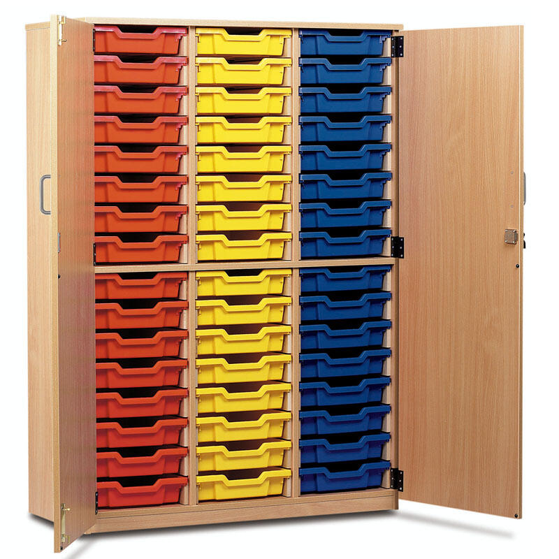 Monarch 48 Single Tray Cupboard, The Monarch 48 Single Tray Classroom Cupboard has been specifically designed for Schools and Universities. This range is available in a huge choice of sizes; additionally you can choose to have them with or without trays. Cupboard unit with 48 single trays 18mm MFC Beech or Maple Effect Lockable doors Supplied complete with 48 Single Coloured Monarch Trays Just specify on your order if you'd like to mix & match tray colours Units are also available without trays Delivered fu