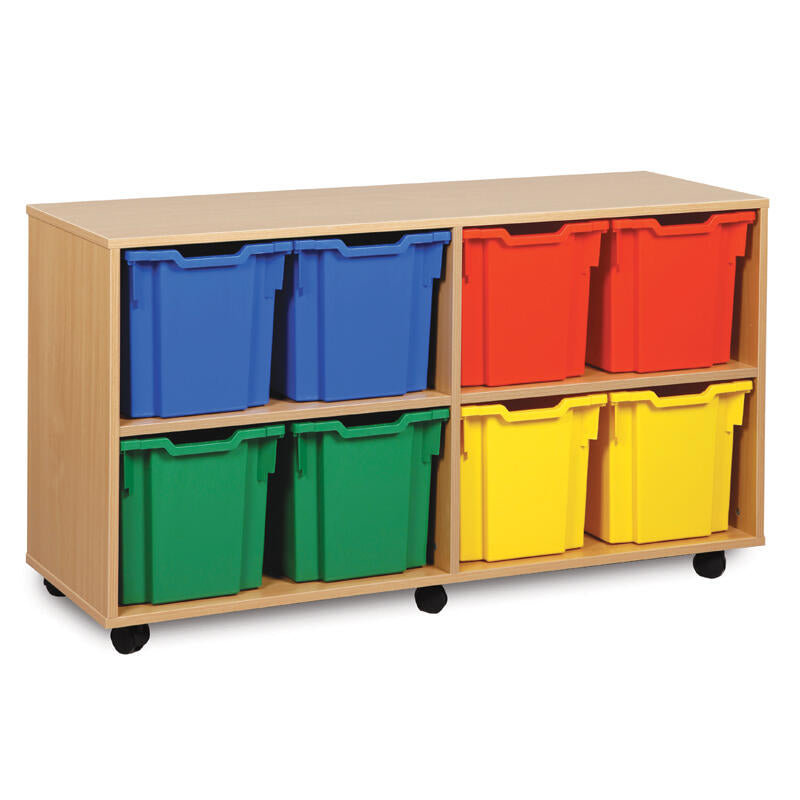 Monarch 8 Quad Tray Classroom Storage Unit, The Monarch 8 Quad Tray Classroom Storage Unit has been specifically designed for Schools and Universities. This range is available in a huge choice of sizes; additionally you can choose to have them with or without trays. Storage unit with 8 quad trays 18mm MFC Beech or Maple Effect Mounted on 6 castors, the rear are braked to secure when in use Supplied complete with 8 Quad Coloured Monarch Trays Just specify on your order if you'd like to mix & match tray colou
