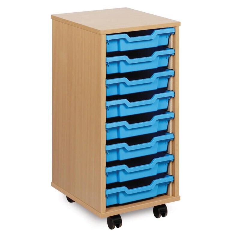 Monarch 8 Single Tray Classroom Storage Unit, The Monarch 8 Single Tray Classroom Storage Unit has been specifically designed for Schools and Universities. This range is available in a huge choice of sizes; additionally you can choose to have them with or without trays. You can also Mix & Match the Monarch tray colours. Storage unit with 8 single trays 18mm MFC Beech or Maple Effect Mounted on 4 castors, 2 of which are braked to secure when in use Supplied complete with 8 Single Coloured Monarch Trays Units