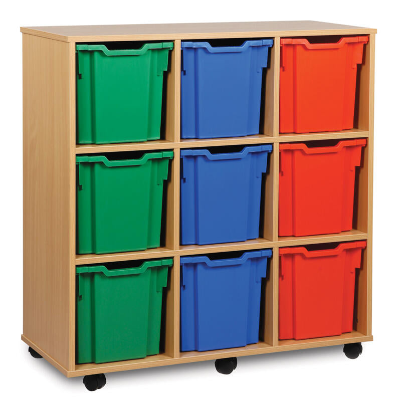 Monarch 9 Quad Tray Classroom Storage Unit, The Monarch 9 Quad Tray Classroom Storage Unit has been specifically designed for Schools and Universities. This range is available in a huge choice of sizes; additionally you can choose to have them with or without trays. You can also Mix & Match the Monarch tray colours. Storage unit with 9 quad trays 18mm MFC Beech or Maple Effect Mounted on 6 castors, the rear are braked to secure when in use Supplied complete with 9 Quad Coloured Monarch Trays Just specify on