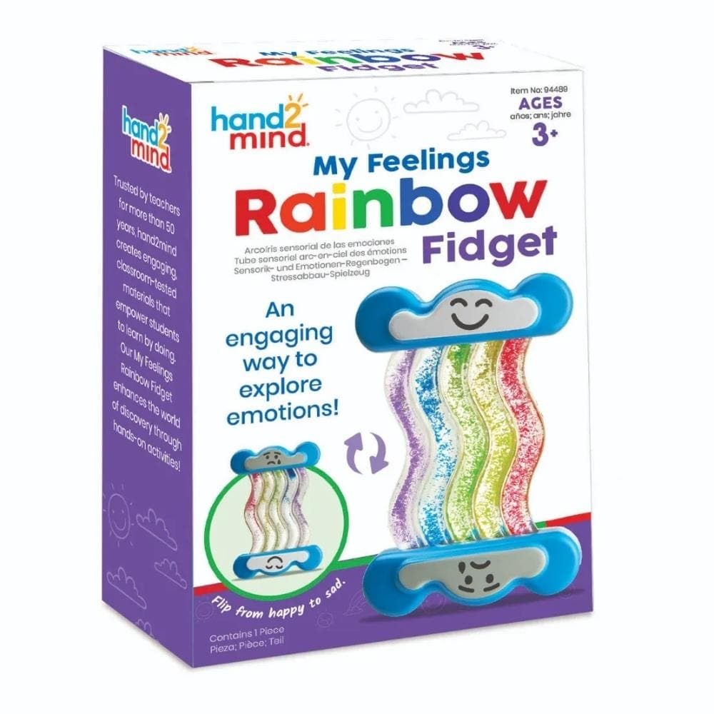 My Feelings Rainbow Fidget, This innovative sensory fidget rainbow toy helps children identify their feelings, focus, and calm down.The double-sided sensory rainbow features a smooth flow of colours that flow from the happy cloud, and choppy drips of colour that flow from the sad cloud. Children can instantly relate to this colourful rainbow sensory toy as a way to identify their emotions, and then watch the soothing motion to calm down. Use this sensory rainbow toy in the classroom or at home to help child
