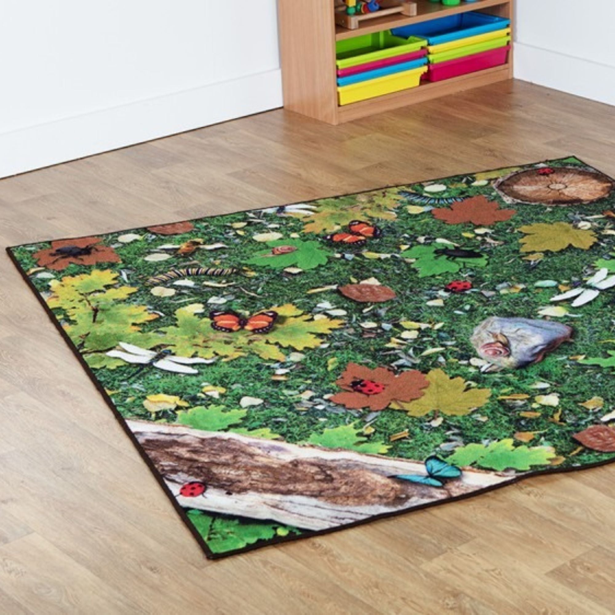 Natural World Woodland and Minibeasts Double Sided Carpet, An innovative woodland range with realistic designs to fire curiosity and imagination and bring the outdoors in to the classroom environment. The Woodland Double Sided Classroom Carpet brings the beauty of the outdoors inside,making this a delightful addition to any classroom or early years setting. Superb value is also at the heart of the Woodland Double Sided Classroom Carpet as its double sided so you have twice as much decorative joy at the hear