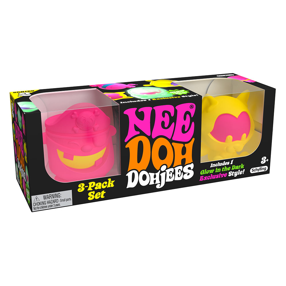 Needoh Dohjee 3 Pack, What’s in the box!? Peek inside and you’ll find a friendly bunch of squishable creatures smuggling a Teenie Nee Doh inside their belly. This NeeDoh Dohjees 3 Pack is a super-fun fidget toy and anxiety reliever. The Dohjee Characters could include a playful puppy, honking hippo, cute cat or some menacing monsters! Every pack also features one Glow In The Dark NeeDoh Dohjee. Schylling’s NeeDoh stress toys are made of a non-toxic, dough-like material that always bounces back to its origin