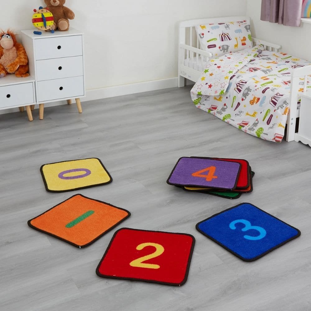 Number Squares Learning Mats, Start teaching your child numbers with our versatile Number Squares Learning Mats. Get creative and make learning numbers more interactive and fun. This Number Squares Learning Mats set comes with ten rugs each with a number on and in a range of colours. The bright colours can help children stay engaged as they start to learn. Also, our number squares learning mats are great in a school or nursery setting as placemats, or for sensory play. In addition, our number squares can al