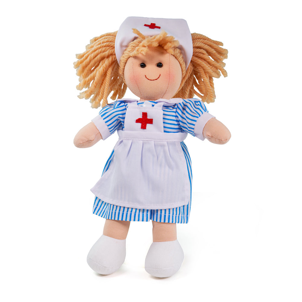 Nurse Nancy Doll - Small, Meet Nurse Nancy - this soft and cuddly ragdoll is calm in a crisis and ready for any emergency. A very dependable soft doll who loves a spot of drama, Nancy loves to share playtime fun with her friends when her shift is over. Nurse Nancy's soft material makes her the perfect toddler doll as she’s small (only 28cm tall) and gentle on little hands. Nancy the ragdoll can easily fit into bags, prams, cots, beds and cars so can be taken anywhere at any time! If your tot has a passion f