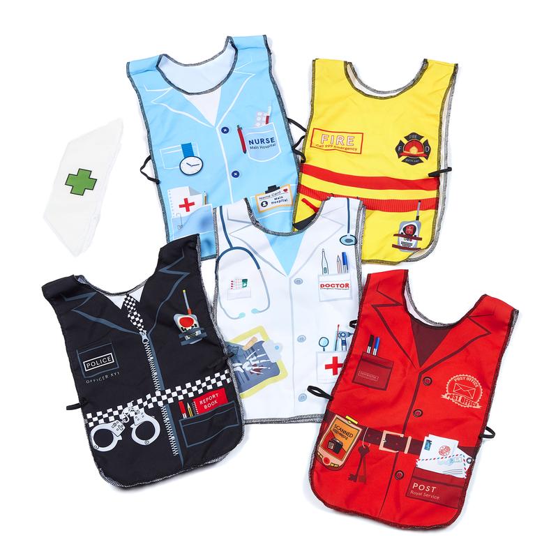 Occupational Tabards Set of 6, Dive into the world of professions and inspire young imaginations with our Occupational Tabards Set of 6. Crafted with utmost precision, these tabards are a wonderful addition to any playtime wardrobe, offering a fun and engaging way to introduce children to various occupations. Features: Vibrant Occupations Representation: Each set contains tabards representing six different occupations - fire fighter, doctor, postie, surgeon, police officer, and one surprise occupation that'
