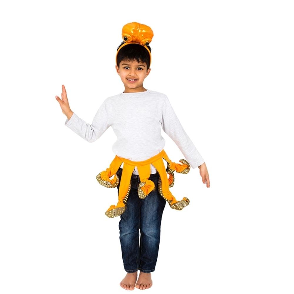 Octopus Dressing Up Set, Each set includes a vibrant multi-colored octopus headpiece, complete with large cartoonish eyes and eight free-flowing legs that can be adjusted to fit children of all sizes. The headpiece is made from soft plush materials, ensuring maximum comfort for extended use.In addition to the headpiece, each set also comes with matching octopus arm and leg warmers. These are made from stretchy, breathable fabric that fits snugly on the arms and legs of children. The arm and leg warmers also