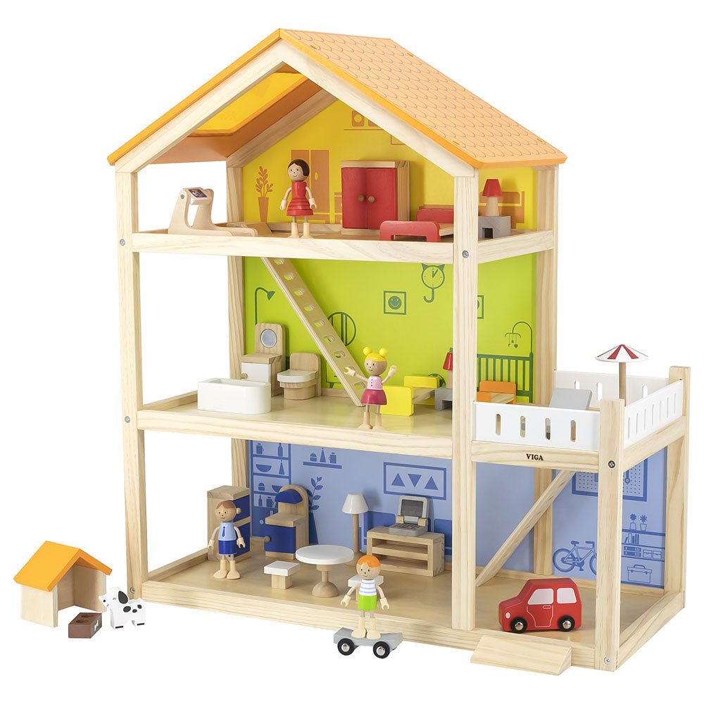 Open-Plan 3 Storey Wooden House, Have some family fun with this open ended home with a family & pets to play with! Fun family dollhouse is a perfect place for toys and figures to live, sparking imaginative play times and hours of fun for little ones. It will help to improve children's social skills, develop and train their imagination and creativity thinking.Wooden Dollhouse included; 3-Storey wooden house Garage Bedroom Living room Balcony Car Dog house Dog 2 Girls 2 Boys Table Chairs Cabinet Lamps Bathtub