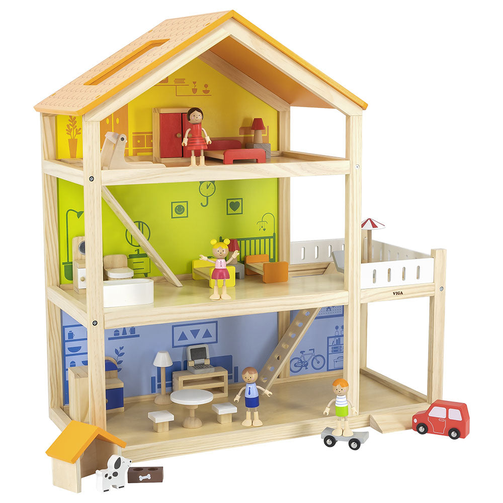 Open-Plan 3 Storey Wooden House, Have some family fun with this open ended home with a family & pets to play with! Fun family dollhouse is a perfect place for toys and figures to live, sparking imaginative play times and hours of fun for little ones. It will help to improve children's social skills, develop and train their imagination and creativity thinking.Wooden Dollhouse included; 3-Storey wooden house Garage Bedroom Living room Balcony Car Dog house Dog 2 Girls 2 Boys Table Chairs Cabinet Lamps Bathtub