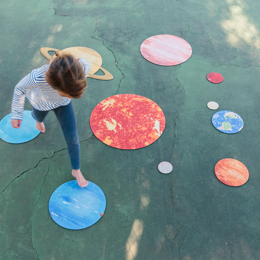 Our Solar System Mats, Whizz around the Solar system (from the safety of your backyard or home) with this set of thick rubber backed non-slip mats. Our Solar System Mats includes the eight planets, the Moon and the Sun so you can recreate the solar system. The Solar System Mats set consists of the Sun and Moon, as well as Mercury, Venus, Earth, Mars, Jupiter, Saturn, Uranus, Neptune with all planets featured in scaled sizes for realistic learning through play experience. Each piece is conveniently labelled 