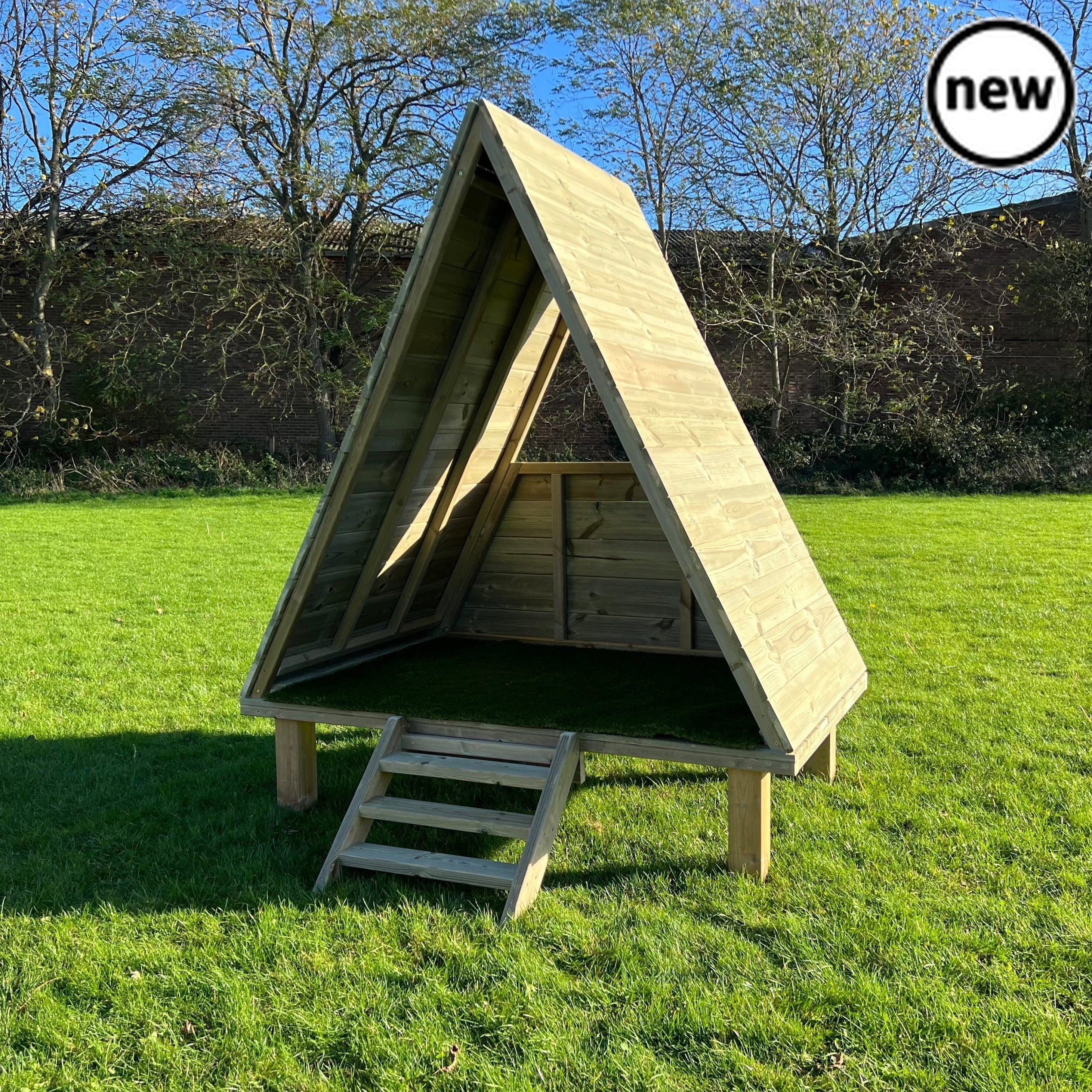 Outdoor Freestanding Teepee Den, Exciting and adventurous, this robust resource offers multiple elements of play. Physical, sensory and role play; this extraordinary teepee den can be used however you may choose. Inclusive of artificial grass inside, to generate a natural look and feel. It is the perfect place to curl up and read a book! Developing physical ability as children climb into the resource, the educational benefits are endless! Made from sustainable FSC Pressure Treated Redwood Timber. Please Not