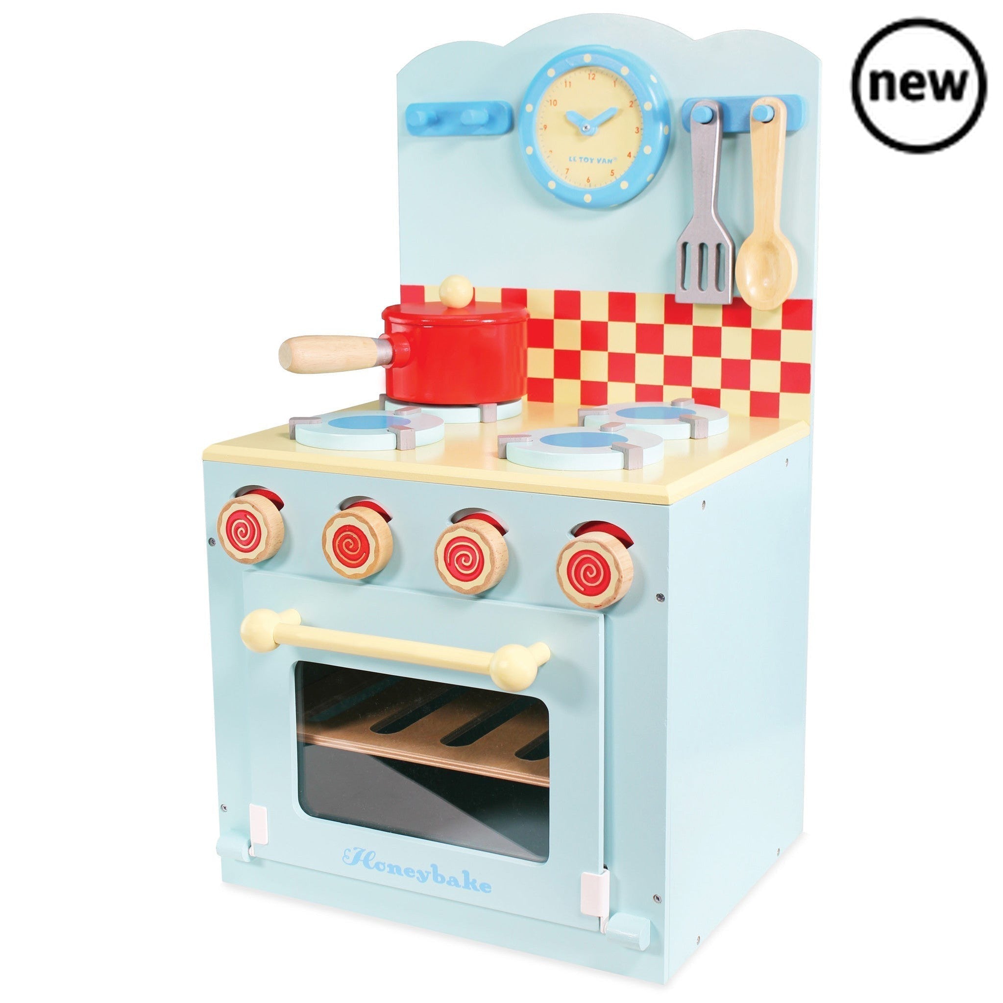 Oven & Hob Blue, Description Our Oven and Hob set is the perfect toy for budding cooks and mini bakers. This delightful play oven is full of fun, with a variety of bright play accessories and inspiring details to encourage imaginative, role play and learning development. Designed in a traditional style, this nostalgic toy is built to last, made from durable and sustainable wood and features rustic movable dials, an opening oven door, a clock with moving hands to set the cooking time, plus a cooking pot, spo