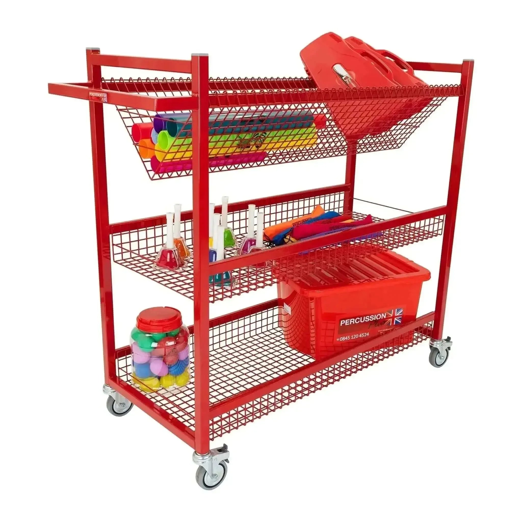 Percussion trolley with wire shelves-Percussion trolley with wire shelves