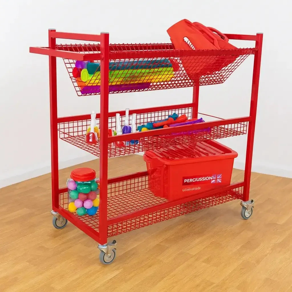 Percussion trolley with wire shelves-Percussion trolley with wire shelves