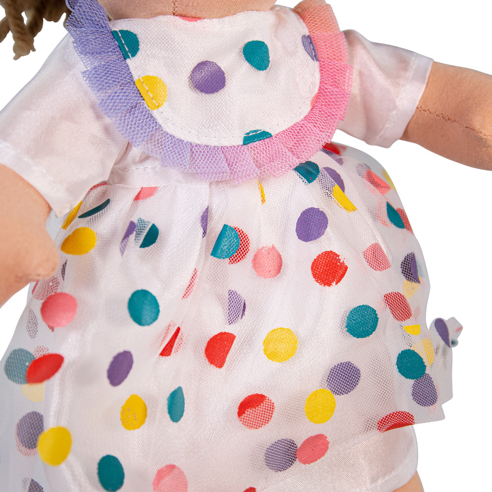 Phoebe Doll - Small, Phoebe Doll is ready to meet her new little best friend! Phoebe is a soft and cuddly ragdoll dressed in an adorable outfit. Phoebe’s hair comes tied up in a ponytail and she wears her very own Bigjigs Toys multicoloured polka dot dress with white shoes. Phoebe Doll’s soft material makes her the perfect toddler doll as she’s small (only 25cm tall) and gentle on little hands. Phoebe the ragdoll can easily fit into bags, prams, cots, beds and cars so can be taken anywhere at any time! If y