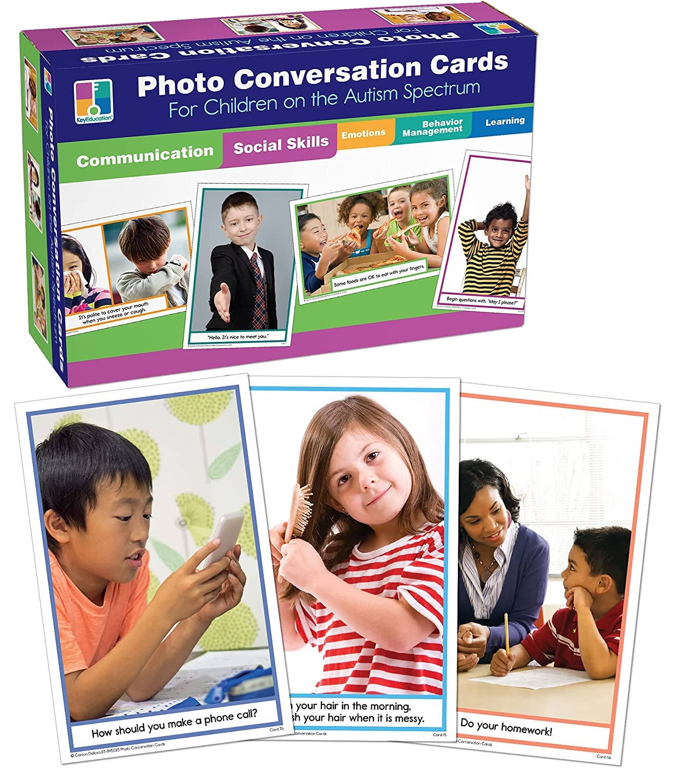 Photo Conversation Cards, The Photo Conversation Cards set includes 90 photo cards each with an accompanying social story and practical ideas and suggestions for helping children develop social and communicating skills.The Photo Conversation Cards are organized by card number and topic for easy reference: Meeting and Greeting People Healthy Hygiene Mealtime Manners Personal Space Making and Keeping Friends Good Sportsmanship Home and Family Understanding Emotions Making and Keeping Friends Staying Healthy S