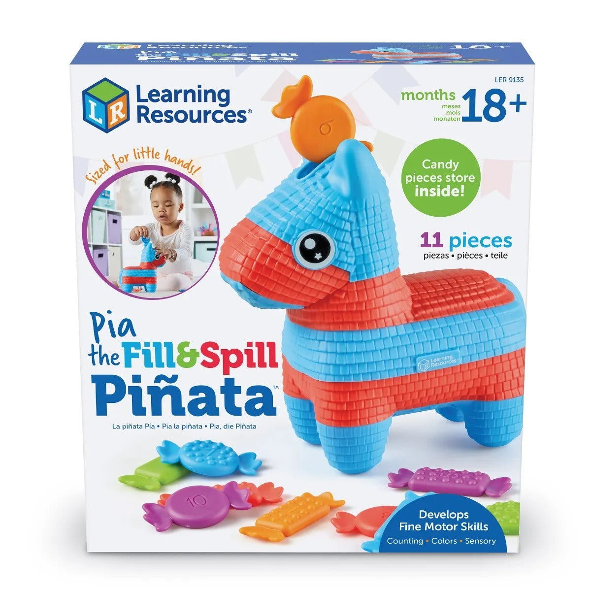 Pia The Fill & Spill Pinata, It’s a fine motor fiesta with Pia The Fill & Spill Pinata! As children drop the rainbow coloured play sweets into the back of this colourful, tactile piñata toy, they build fine motor skills such as the pincer grasp through fun play. Drop in the sweets, and then spill them out again! The 10 colourful pretend sweets included with this piñata toy are also numbered, and have fun textures, which helps little ones build early years skills. Pia is the colourful, tactile piñata toy tha