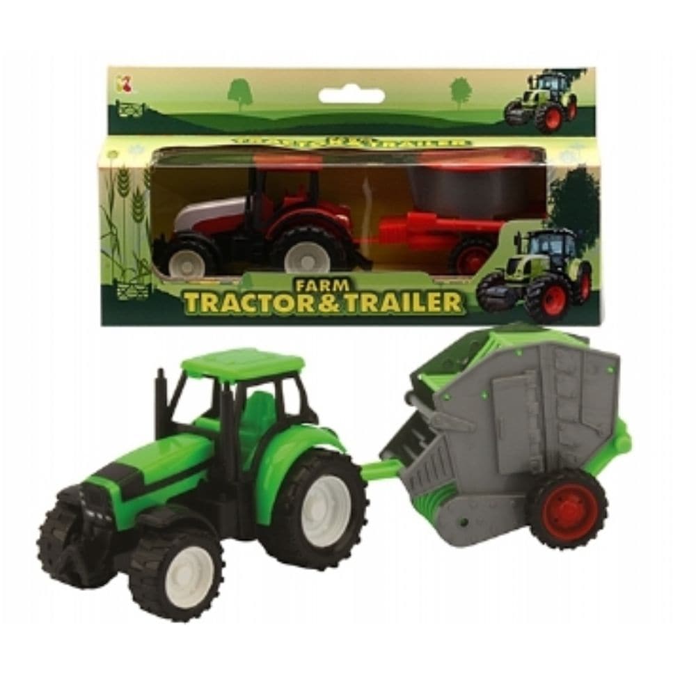 Plastic Tractor & Trailer, The Plastic Trailer and Tractor set is the perfect toy for kids who love farm-themed play. With this set, loading and transporting farm equipment is a breeze. The sturdy plastic construction ensures durability, so kids can engage in endless hours of imaginative play.This set is not only practical but also enhances playtime enjoyment. Kids can add our farm animal sets to create a complete play zone. The realistic design of the tractor and trailer will make kids feel like they are t
