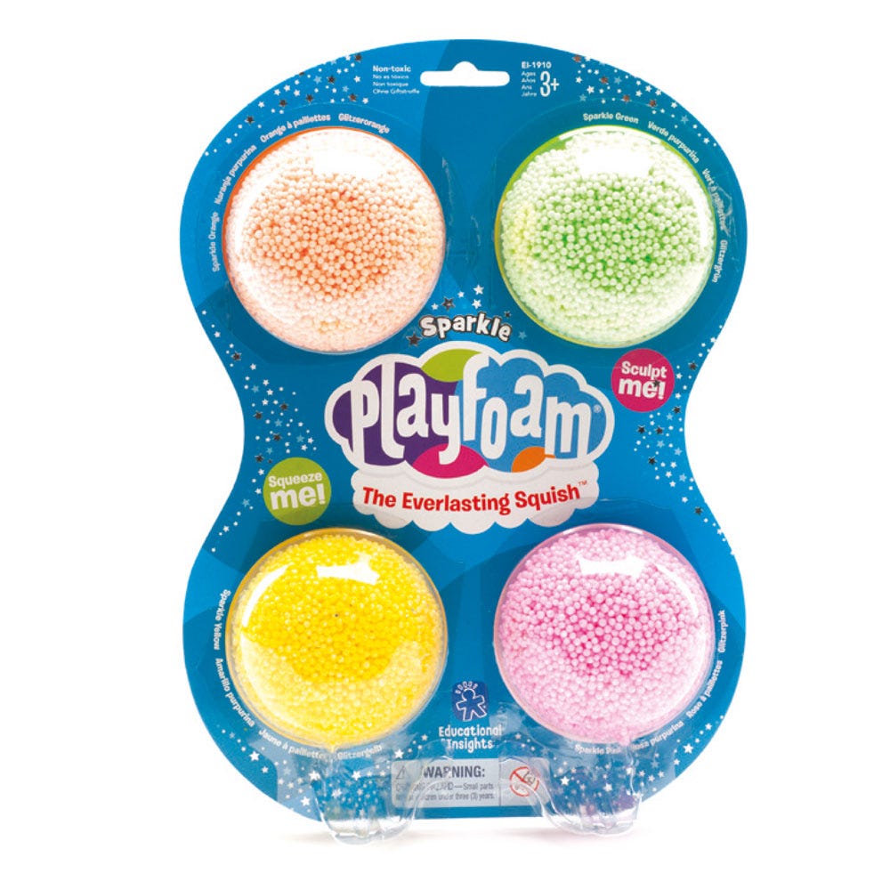 Playfoam® Sparkle Starter 4-Pack, Get set to sparkle with mesmerising Playfoam® Sparkle. It’s the everlasting squish that can be sculpted, squeezed, smushed and rolled into shape, with a dash of sparkle for extra squishing fun. Playfoam is an award-winning sensory play toy. The bead-like structure of Playfoam® Sparkle can be sculpted and squeezed into shape. Playfoam® Sparkle can be used straight from the packaging, only sticks to itself and never dries out. It offers countless hours of creative play fun. S