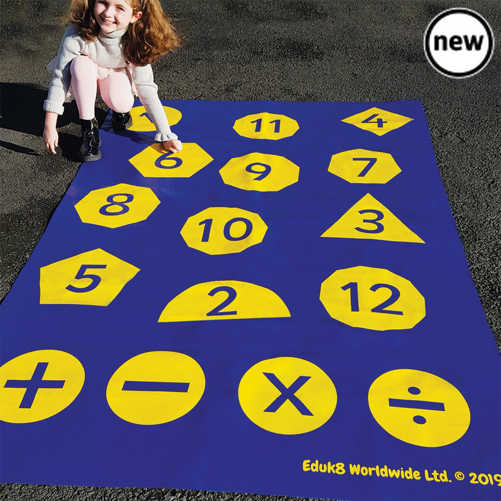 Playing with Maths Mat, Introducing our Playing with Maths Mat - the perfect tool to learn and teach various mathematical concepts in a fun and interactive way! This versatile mat is designed to help children grasp essential skills such as shape recognition, numbers, counting, addition, subtraction, multiplication, division, and much more.Made from durable water-resistant vinyl, this mat is suitable for both indoor and outdoor use, making it a flexible learning resource for different environments. Its sturd